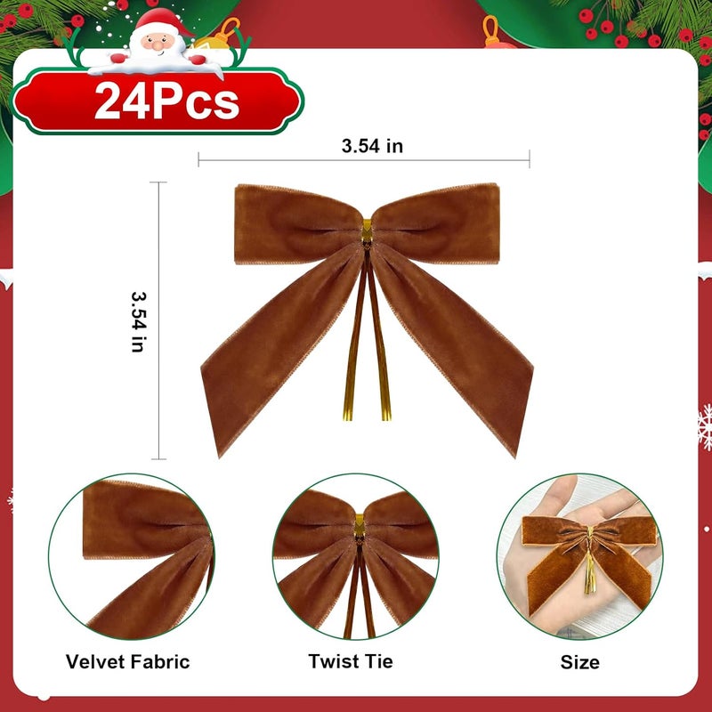 CCILAND Store 24 Pcs Dark Brown Small Velvet Bows for Christmas Tree, 3.54 Inch Mini Christmas Bows for Gift Wrapping, Twist Tie Velvet Bows Xmas Ornaments for Wreath, Crafts, Party, Wedding - Image 2